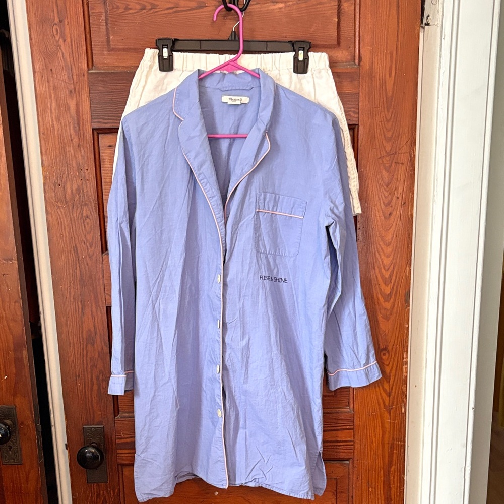 Madewell Embroidered Pajama Shirt Size M Rise and Shine with white linen shorts